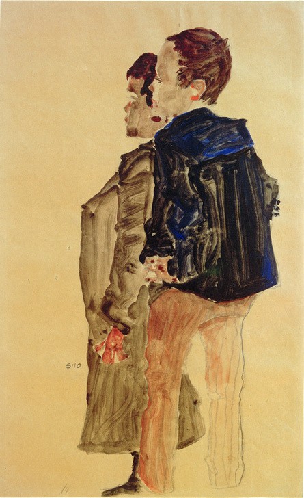 Egon Schiele, Rückenansicht zweier Knaben (Kind,Kunst,Mensch,Portrait,Expressionismus,Jüngling,Österreichische Kunst,Knabe,Doppelportrait,Ganzfigurig)
