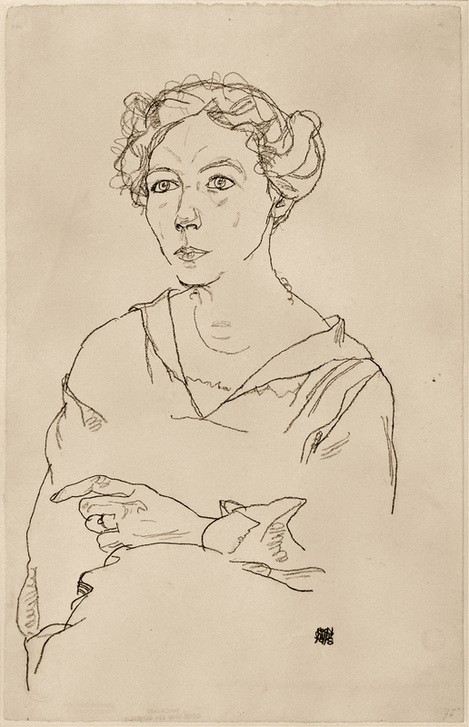 Egon Schiele, Bildnis Lilly Steiner (Frau,Künstlerin,Kunst,Malerin,Mensch,Hand,Portrait,Gestik,Expressionismus,Österreichische Kunst,Zeigen,Grafikerin,Brustbild,Person)