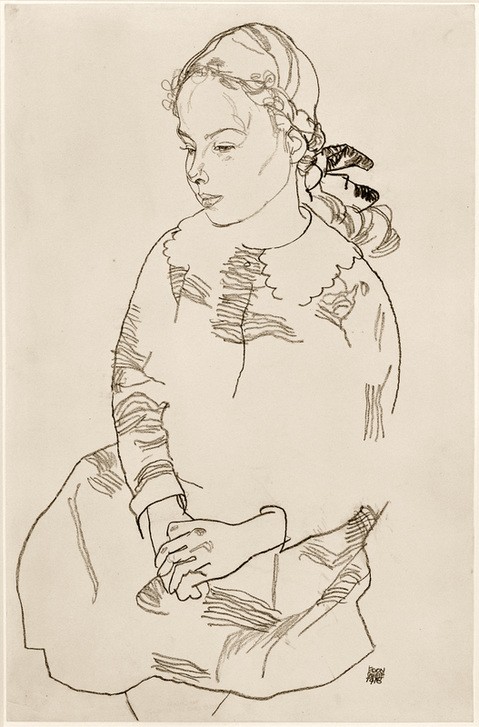 Egon Schiele, Bildnis Eva Steiner (Kind,Kunst,Mädchen,Mensch,Portrait,Zopf,Expressionismus,Österreichische Kunst,Kragen,Sitzen,Halbprofil)