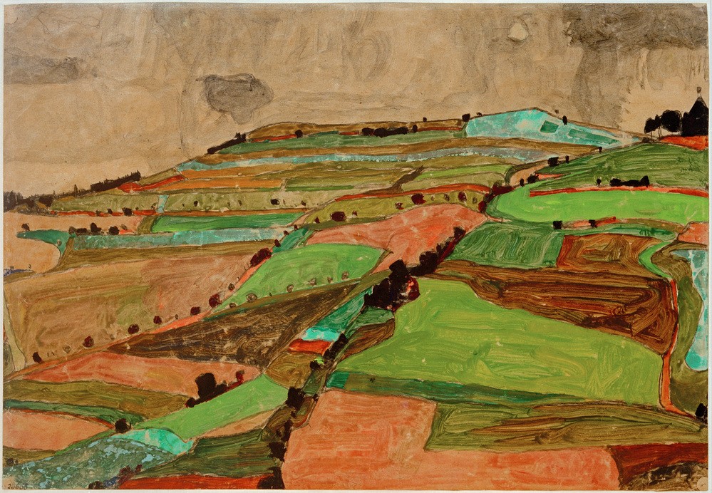 Egon Schiele, Felderlandschaft (Kreuzberg bei Krumau) (Ackerbau,Herbst,Jahreszeiten,Kunst,Landschaft,Expressionismus,Feld,Österreichische Kunst,Hügel,Berg,Landwirtschaft)