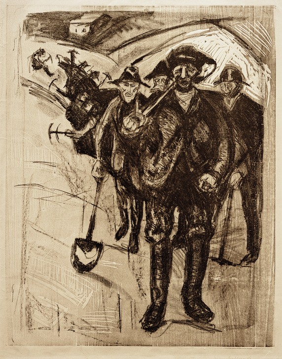 Edvard Munch, Arbeiter im Schnee (Arbeiter,Arbeit,Gesellschaft,Gruppenbild,Jahreszeiten,Kunst,Winter,Schnee,Schaufel,Werkzeug,Expressionismus,Norwegische Kunst,Skandinavische Kunst,Eispickel)