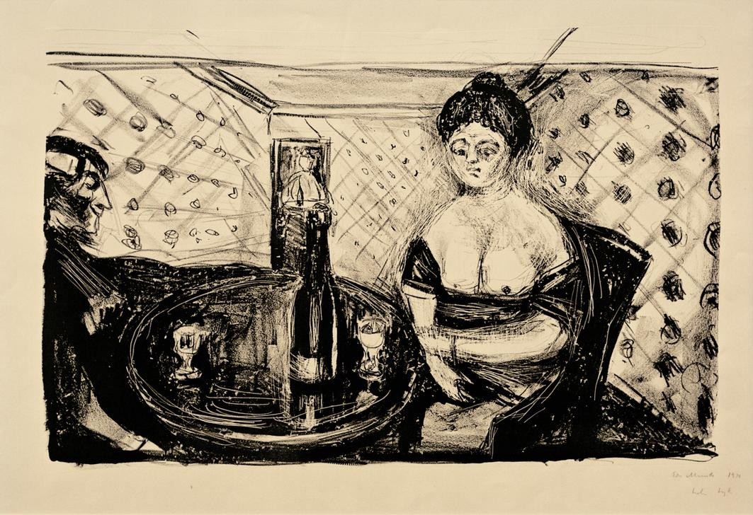 Edvard Munch, Bordellszene: Zum süßen Mädel (Alkohol,Erotik,Kunst,Prostitution,Dekollete,Prostituierte,Expressionismus,Kuppelei,Flasche,Norwegische Kunst,Sexualität,Frauenleben,Bordell,Freier,Runder Tisch (Möbel),Skandinavische Kunst)