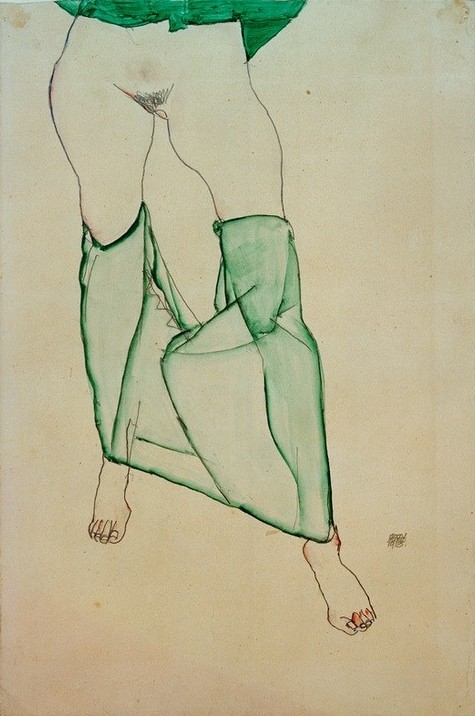 Egon Schiele, Weiblicher Torso mit grüner Draperie (Frau,Kunst,Torso,Akt,Expressionismus,Österreichische Kunst,Erotische Kunst,Halbakt,Schamhaar)