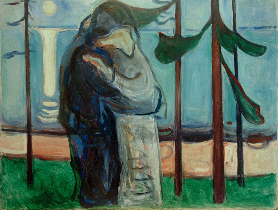 Edvard Munch, Der Kuss am Strand im Mondschein (Frau,Kunst,Liebe,Liebe Und Ehe,Liebespaar,Mann,Mensch,Mond,Strand,Tageszeiten,Nacht,Kuss,Expressionismus,Umarmung,Norwegische Kunst,Im Freien (Allgemein),Zärtlichkeit,Vollmond,Skandinavische Kunst,Mondschein)