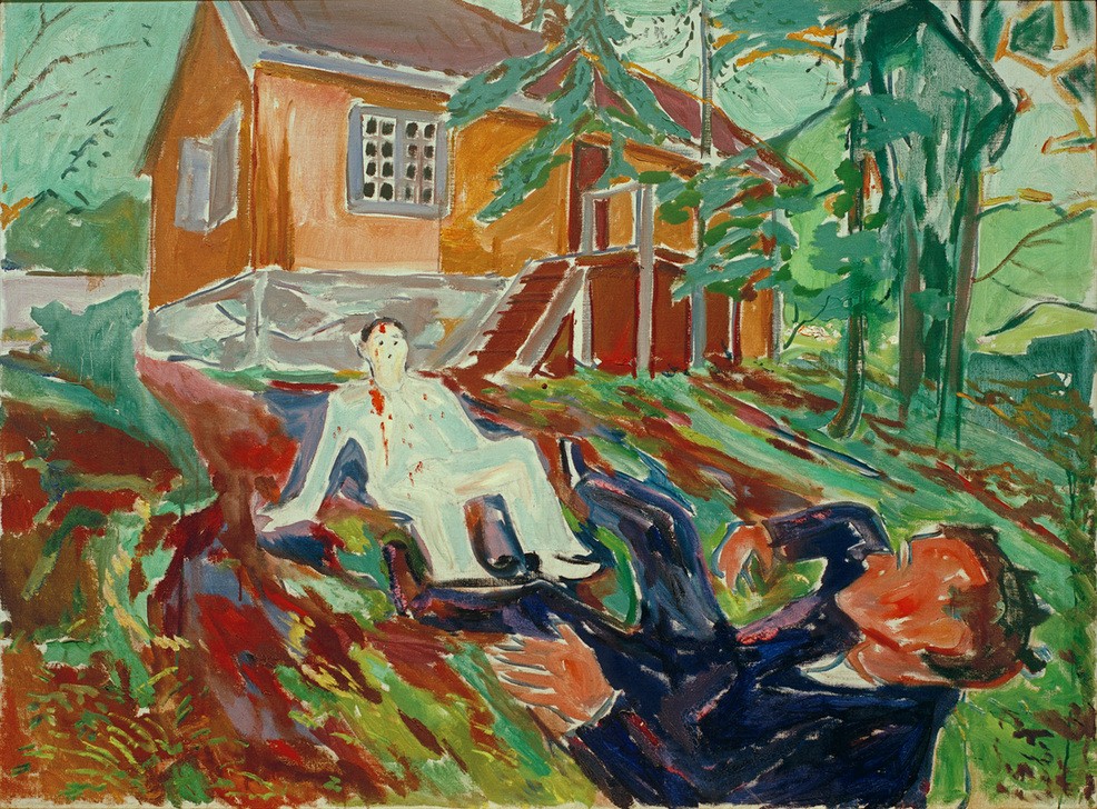 Edvard Munch, Die Schlägerei (Gesellschaftliches Leben,Gesellschaft,Haus,Kunst,Streit,Expressionismus,Schlägerei,Norwegische Kunst,Gewalt,Im Freien (Allgemein),Skandinavische Kunst,Männerleben,Zweikampf)
