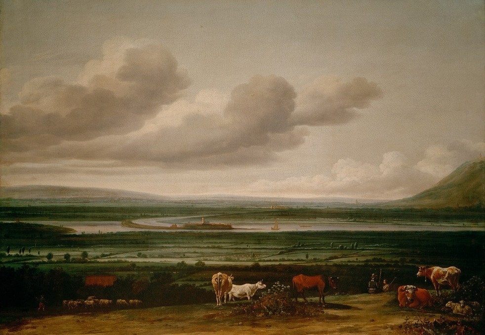 Anthonie van Borssom, Niederrheinlandschaft bei Kleve mit Festung Schenkenschanz, Hoch– und Niederelten (Kunst,Landschaft,Rinderzucht,Rind,Schafzucht,Weide,Barock,Ebene,Niederländische Kunst,Schafherde,Landwirtschaft)