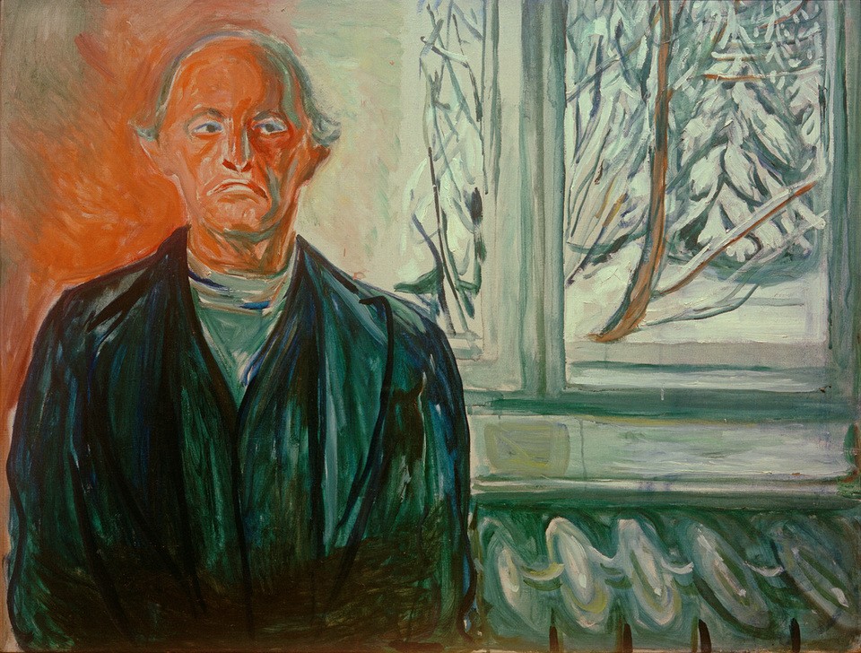 Edvard Munch, Selbstporträt am Fenster (Fenster,Jahreszeiten,Künstler,Kunst,Maler (Künstler),Mann,Winter,Alter,Schnee,Selbstbildnis,Portrait,Blick Aus Dem Fenster,Alter Mann,Mimik,Person,Symbolik)