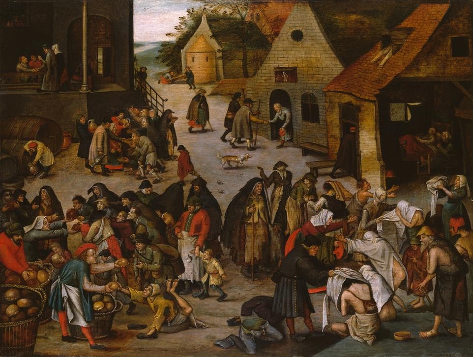 Pieter Brueghel der Jüngere, Die sieben Werke der Barmherzigkeit (Besuch,Christentum,Essen Und Trinken,Gefängnis,Krankenpflege,Kunst,Pranger,Religion,Wohltätigkeit,Hunger,Barock,Trinken,Tugend,Neues Testament,Bibel,Durst,Genre,Niederländische Kunst,Nächstenliebe,Gastfreundschaft,Sarg,Fürsorge,Armenspeisung,Kleidung (All)