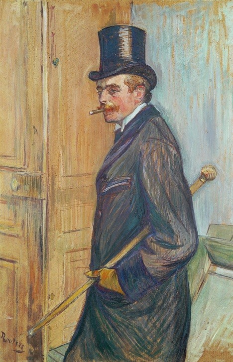 Henri de Toulouse-Lautrec, Monsieur Louis Pascal (Herrenmode,Jugendstil,Kopfbedeckung,Kunst,Mantel,Mann,Mode,Zigarre,Zylinder (Hut),Lebemann,Hut,Rauchen,Schnurrbart,Portrait,Stock,Französische Kunst,Spazierstock,Raucher)