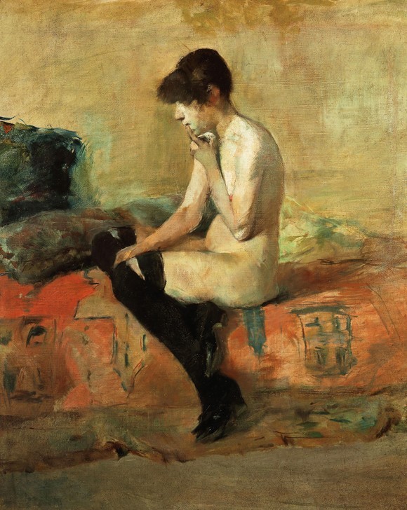 Henri de Toulouse-Lautrec, Étude de nu. Femme assise sur un divan (Frau,Jugendstil,Kunst,Akt,Französische Kunst,Erotische Kunst,Aktstudie,Damenstrumpf,Sitzen)