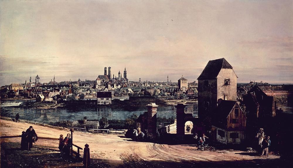 Bernardo Bellotto, VISTA DE MUNICH – SIGLO XVIII (München, Panorama, Architektur, Gebäude, Vedute, historische Stadt, Fluss, Isar, Alltagsszene, Rokoko, Malerei, Wohnzimmer, Wunschgröße, Klassiker, bunt)