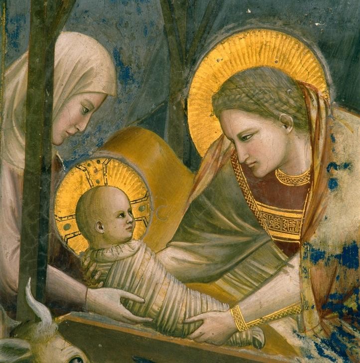 Giotto di Bondone, Christi Geburt (Maria, Jesuskind, Engel, Krippe, Heiligenschein, Klassiker, Gotik, Religion, Christentum, Malerei, Detail, Wunschgröße, Schlafzimmer, Wohnzimmer, bunt)