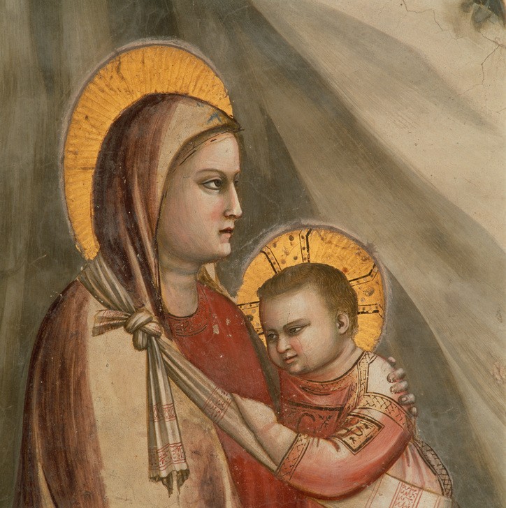 Giotto di Bondone, Die Flucht nach Ägypten (Maria, Jesusknabe, Mutter und Kind, Tragetuch, Detail, Klassiker, Gotik, Religion, Christentum, Malerei, Wunschgröße, Schlafzimmer, Wohnzimmer, bunt)
