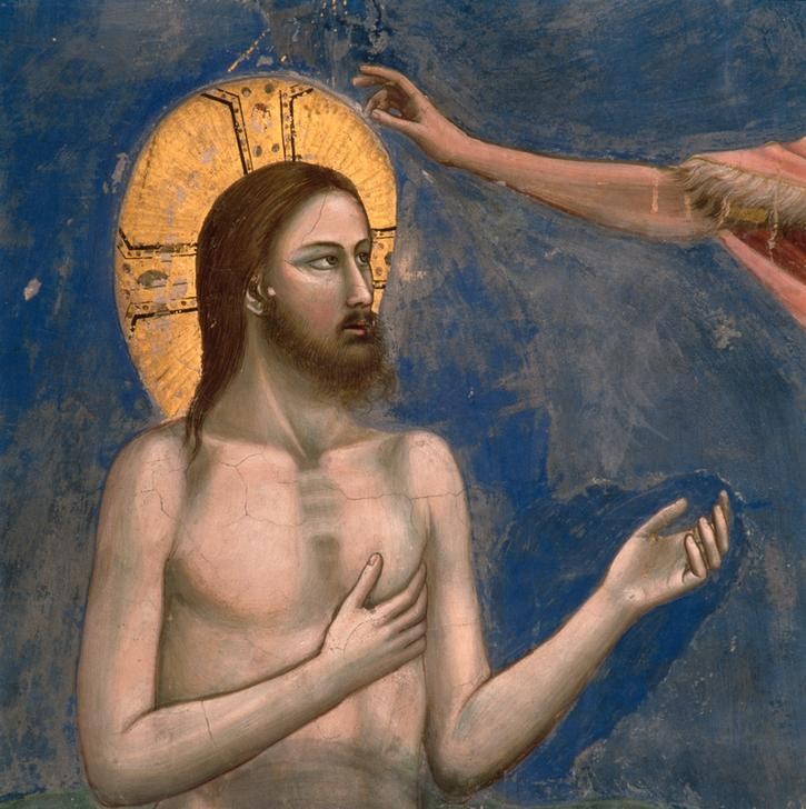 Giotto di Bondone, Die Taufe Christi (Jesus, Christus, Taufe, Johannes der Täufer, Detail, Klassiker, Gotik, Religion, Christentum, Malerei, Wunschgröße, Schlafzimmer, Wohnzimmer, bunt)