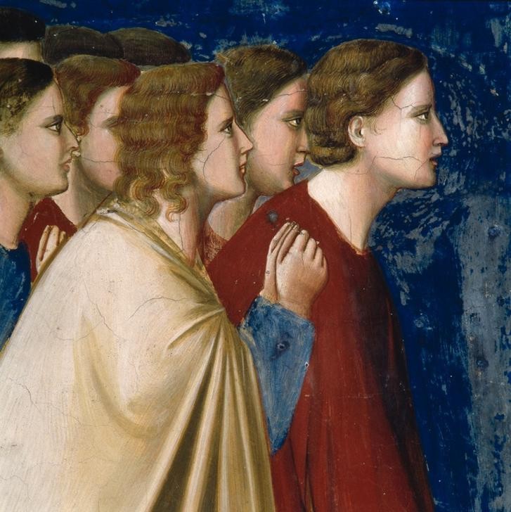 Giotto di Bondone, Das Gebet der Freier (Marienleben, Verlobung, Freier, Brautwahl, Klassiker, Gotik, Religion, Christentum, Neues Testament, Malerei, Detail, Wunschgröße, Schlafzimmer, Wohnzimmer, bunt)