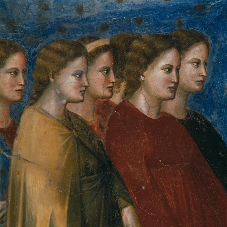 Giotto di Bondone, Der Hochzeitszug Mariä (Marienleben, Hochzeit, Frauen, Gäste, Klassiker, Gotik, Religion, Christentum, Neues Testament, Malerei, Detail, Wunschgröße, Schlafzimmer, Wohnzimmer, bunt)