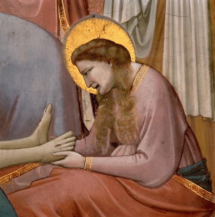 Giotto di Bondone, Die Beweinung Christi (Pieta, Trauer, Maria Magdalena, Füße Christi, Kreuzmale, Stigmata, Wunden, Klassiker, Gotik, Religion, Christentum, Neues Testament, Malerei, Detail, Wunschgröße, Schlafzimmer, Wohnzimmer, bunt)