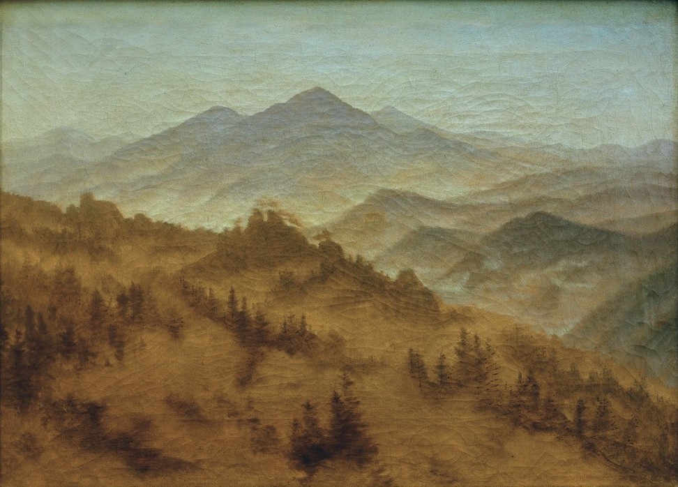 Caspar David Friedrich, Gebirgslandschaft (Deutsche Kunst,Gebirge,Kunst,Landschaft,Wetter,Tageszeiten,Morgen,Nebel,Romantik,Unvollendet)