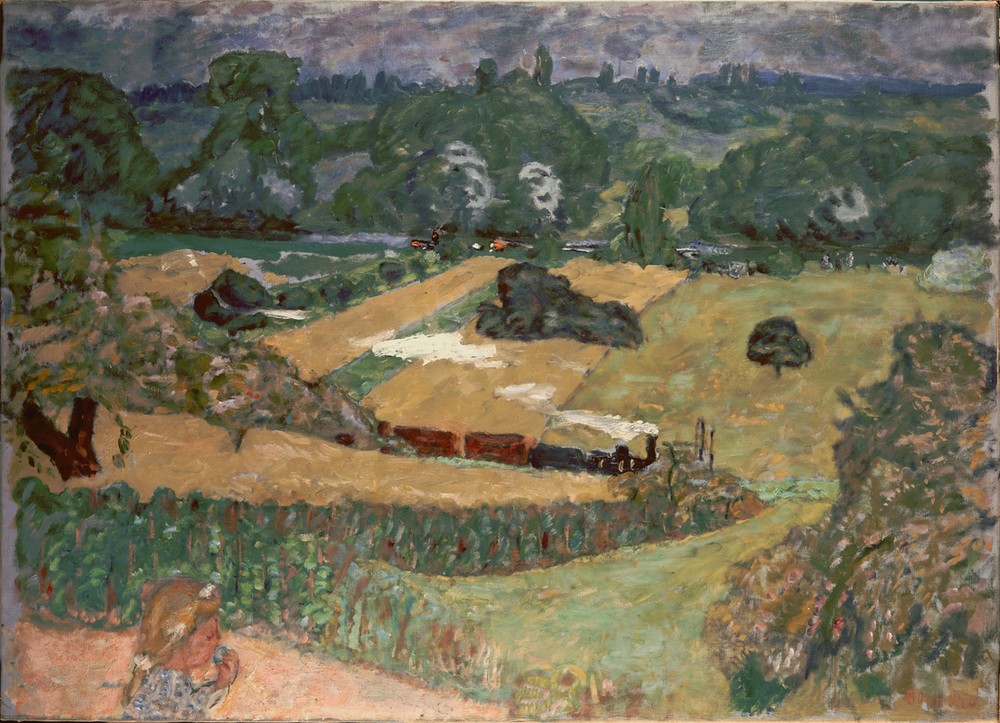 Pierre Bonnard, Landschaft mit Güterzug (Landschaft, Felder, Hügel, Bahnstrecke, Dampflok, Güterzug, Eisenbahn, Post-Impressionismus, Wohnzimmer, Wunschgröße, Klassische Moderne)