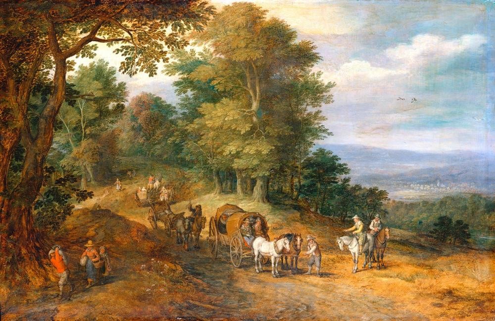 Jan Brueghel der Ältere, Belebter Fahrweg auf waldiger Höhe (Flämische Kunst,Kutsche,Landstrasse,Landschaft,Pferdefuhrwerk,Strasse (Allgemein),Verkehr,Volkskunde,Reiter,Niederländische Kunst,Personentransport,Strasse (Unbefestigt),Land Und Leute,Fuhrwerk)