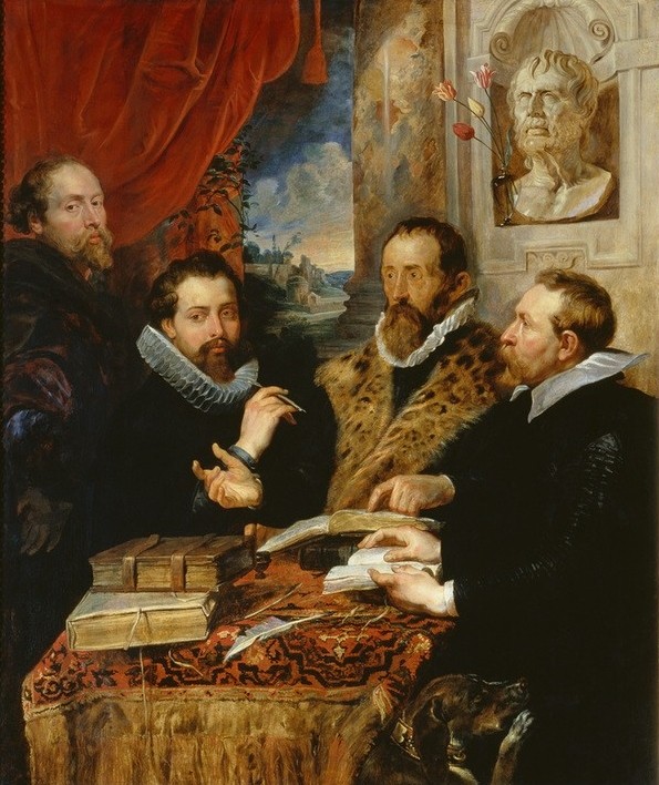 Peter Paul Rubens, Die vier Philosophen (Botanik,Buch,Flämische Kunst,Gelehrter,Freundschaft (Allgemein),Gruppenbild,Künstlerleben,Künstler,Mann,Philosoph,Tulpe,Herr Und Hund,Barock,Selbstbildnis,Philosophie,Tisch,Allegorie,Portrait,Tischtuch,Interieur,Bürgertum,Herrenrunde,Pelzkragen,Antikenrez)