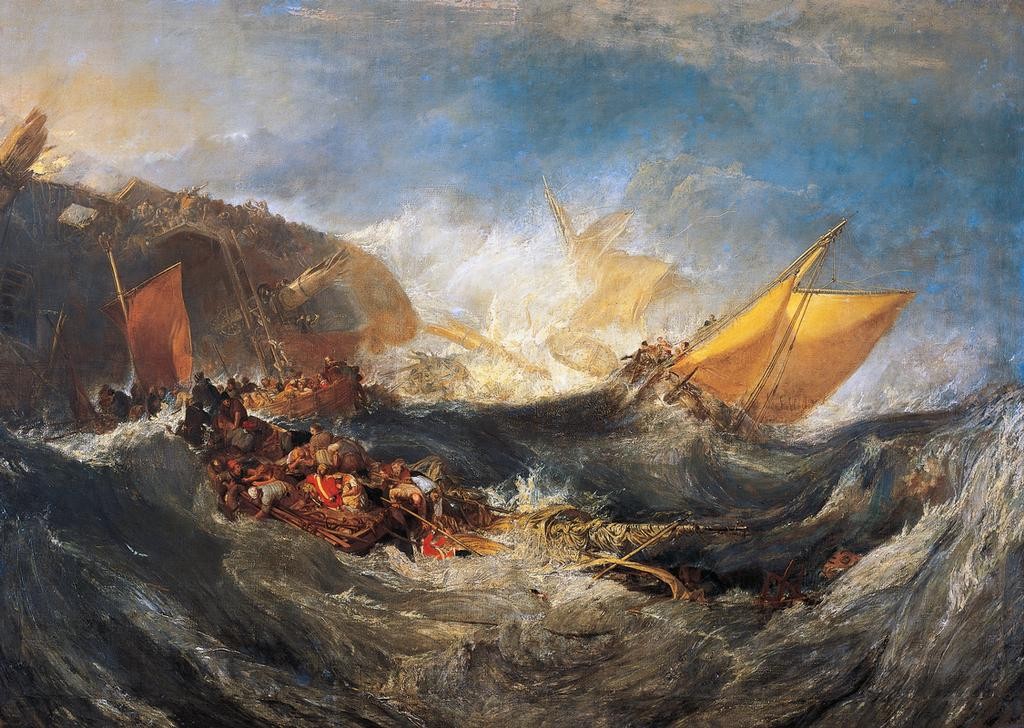 JOSEPH MALLORD WILLIAM TURNER, The Shipwreck of the Minotaur (Gewitter,Himmel (Natur),Schiff,Wolke,Zerstörung,Meer,Tag,Mast,Schiffbruch,Welle,Segel,Misserfolg,Horizontale,Sinken)