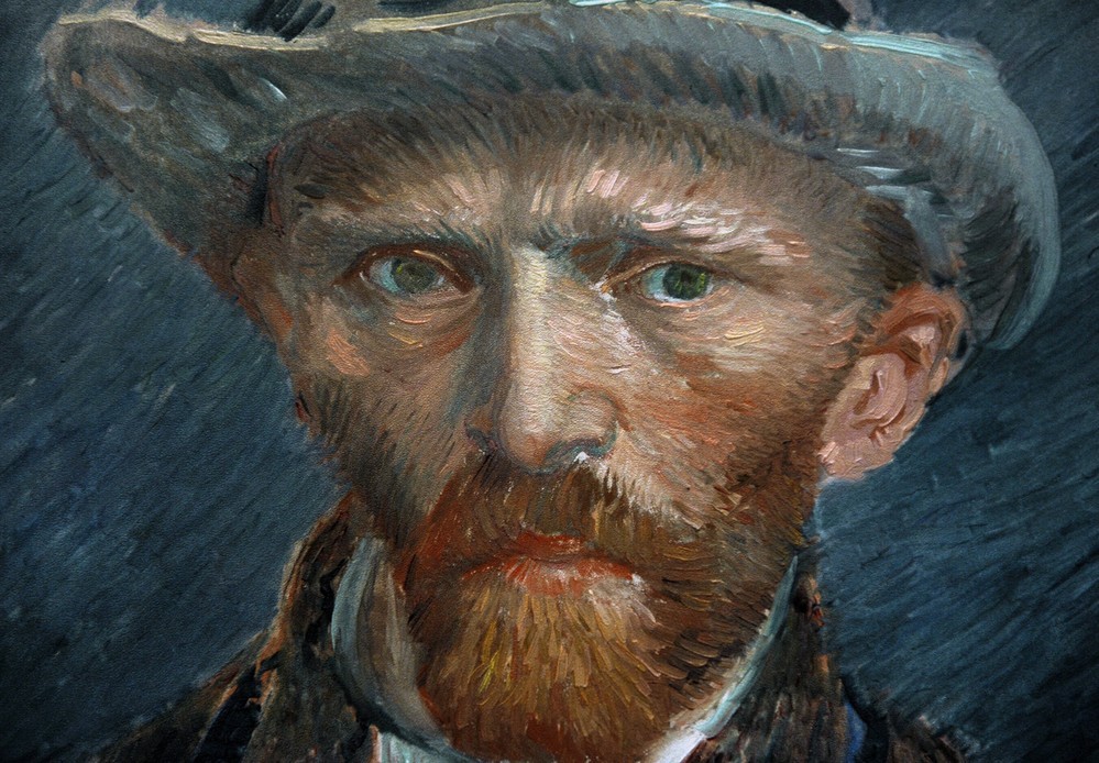 Vincent van Gogh, Self-portrait, 1887. Detail (Bilder,Künstler,Kunst,Mann,Bart,Hut,Portrait,Kader,Jacke,Braun,Grau,Kopfschutz,Blusenjacke,Maroon,Postimpressionismus,Ausschnitt)