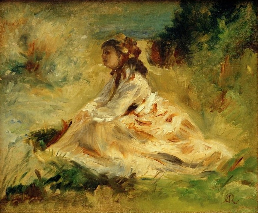 Pierre-Auguste Renoir, Frau auf einer Wiese (Lise Tréhot) (Frau,Kunst,Landschaft,Mensch,Freizeit,Impressionismus,Geliebte,Portrait,Wiese,Französische Kunst,Im Freien (Allgemein),Frauenleben,Profil,Sitzen,Ganzfigurig,Signatur)