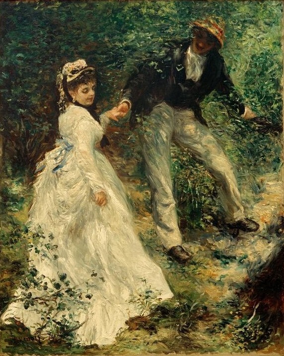 Pierre-Auguste Renoir, Der Spaziergang (Damenmode,Frau,Kunst,Landschaft,Liebe,Liebespaar,Mann,Mensch,Mode,Freizeit,Spaziergang,Impressionismus,Reise,Kavalier (Person),Weg,Französische Kunst,Kleid,Paar,Hilfeleistung,Strauch,Hilfestellung,Gutes Benehmen,Weiss (Farbe),Zwischenmenschliche Beziehung)