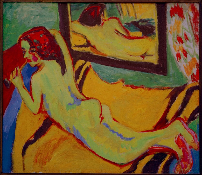 Ernst Ludwig Kirchner, Liegender Akt vor Spiegel (Deutsche Kunst,Frau,Kunst,Spiegel,Akt,Expressionismus,Die Brücke,Spiegelbild,Liegen,Auf Dem Bauch Liegen)