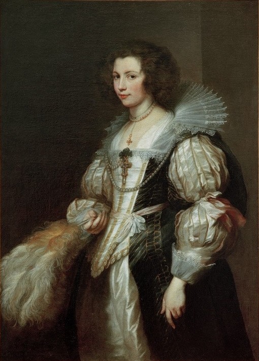 Anthonis van Dyck, Bildnis der Maria-Louisa de Tassis (Damenmode, Frau, Portrait, Persönlichkeiten, Schmuck, Perlenkette, Adel, Prunk, höfisch, Spitzenkragen, Federfächer, Medici-Kragen,  Barock, Klassiker, Wunschgröße, Wohnzimmer)