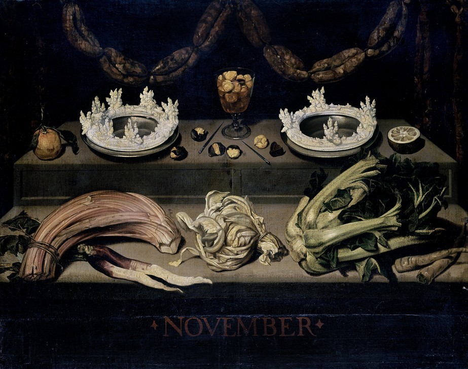 Diego Rodriguez de Silva y Velasquez, BODEGON RELATIVO AL MES DE NOVIEMBRE (Distel,November,Kuchen,Kohl,Esskastanie,Bonbon,Privatsammlung,Süssigkeit,Mangold,Konfekt)