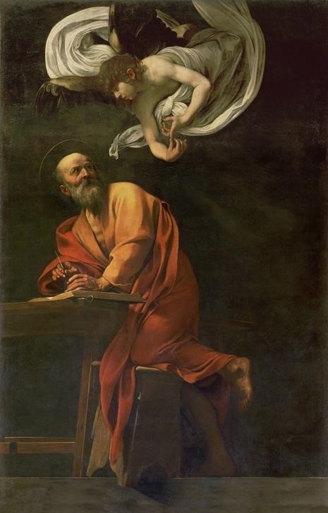Caravaggio, Die Inspiration des Matthäus (Evangelist, Engel, Botschaft, Inspiration, Neues Testament, Bibel, Apostel, Hell-Dunkel, Barock, Klassiker, Malerei, Wunschgröße, Wohnzimmer)
