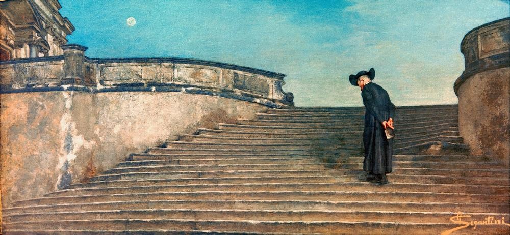 Giovanni Segantini, A messa prima (Christentum,Katholische Kirche,Kirche,Priester,Religion,Treppe,Architekturdarstellung,Italienische Kunst,Schweizerische Kunst,Treppensteigen,Jesuiten,Stufe)