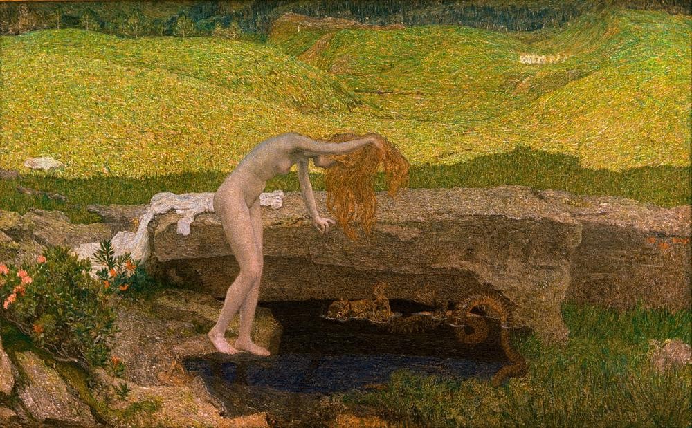 Giovanni Segantini, La vanità (Junge Frau, nackt, Aktmalerei, Gewässer, Tugenden Und Laster, Symbolismus, Allegorie, Fabelwesen, Wasserschlange, Vanitas, Vergänglichkeit, Eitelkeit, Spiegelbild, Divisionismus, Symbolismus, klassische Moderne, Wunschgröße, Wohnzimmer, bunt)