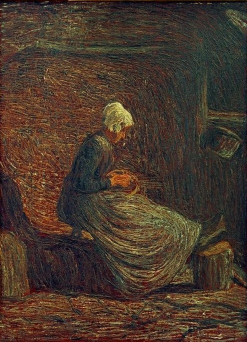Giovanni Segantini, La sbucciatrice di patate (Frau,Gemüse,Hausarbeit,Mensch,Kartoffel,Genre,Italienische Kunst,Schweizerische Kunst,Kartoffelschälen,Frauenleben,Jahrhundertwende)