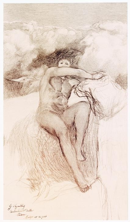 Giovanni Segantini, La valanga (Mann, Sturz, nackt, Aktmalerei, Unglück, Allegorie,  Lawine, Symbolismus, Zeichnung, klassische Moderne, Wunschgröße, Wohnzimmer, schwarz/weiß)