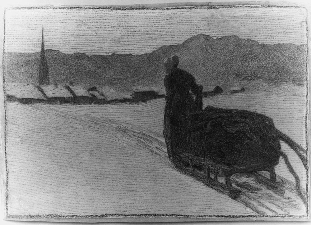 Giovanni Segantini, Ritorno dal bosco (Holzsammlerin, Frau, Winter, Schnee, Schlitten, Dorf,  Gebirge, Jahreszeiten, Landleben, Divisionismus, Grafik, klassische Moderne, Wunschgröße, Wohnzimmer, schwarz/weiß)