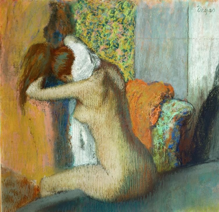 Edgar Degas, Jeune femme se sechant la nuque (Körperpflege,Bad,Frau,Mädchen,Impressionismus,Akt,Portrait,Rückenakt,Französische Kunst,Handtuch,Hygiene,Frauenleben,Abtrocknen,Kopf,Sitzen,Junge Frau)