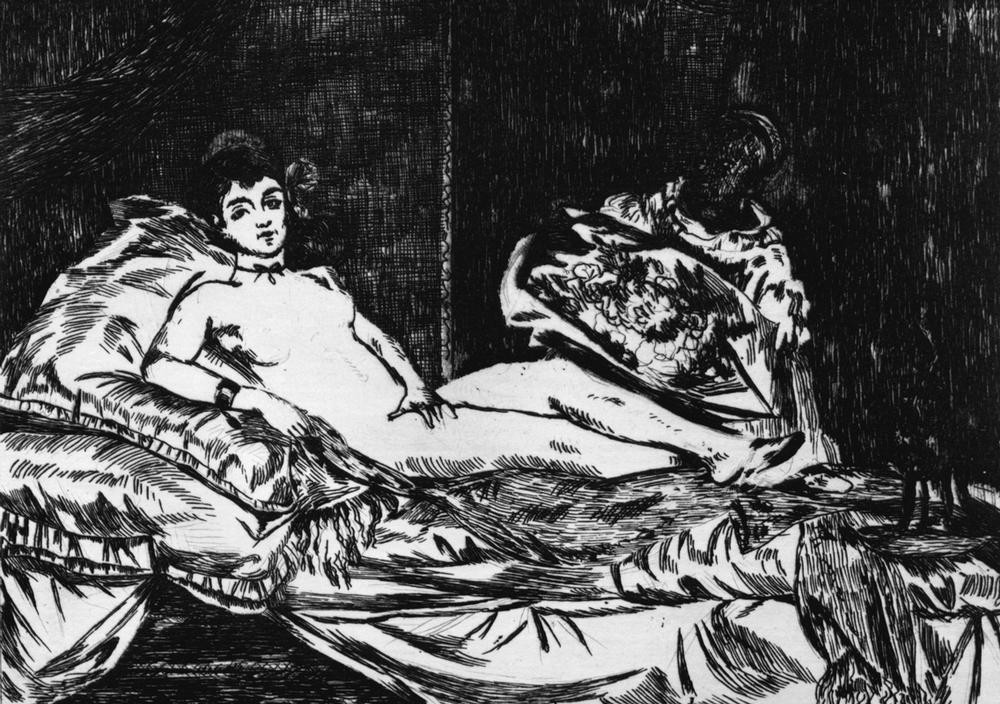 Edouard Manet, Olympia (Große Fassung) (Bett,Erotik,Frau,Katze (Tier),Schmuck,Textil,Schönheit,Akt,Prostituierte,Kissen,Armreif,Schwarze,Blumenstrauss,Geschenk,Französische Kunst,Nacktheit,Laszivität,Nonchalance,Dienerin,Bettwäsche,Halsband,Junge Frau,Liegen,Schwarze Katze,Kopfkissen)