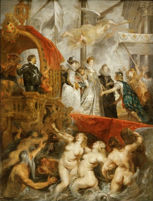 Peter Paul Rubens, Die Landung der Maria von Medici in Marseille (Engel,Flämische Kunst,Geschichte,Hafen,Königin,Mädchen,Mythologie,Schiff,Seereise,Szene,Barock,Begrüssung,Akt,Portrait,Reise,Landung (Schiffahrt),Ankunft,Niederländische Kunst,Kleidung (Allgemein),Kopf,Sirene (Fabelwesen),Ausschiffung,Person,Griechisch-Rö)