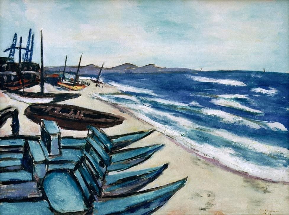 Max Beckmann, Strand mit Booten an der Riviera (Expressionismus, Klassische Moderne, Malerei, Wohnzimmer, Treppenhaus, Wunschgröße, bunt)