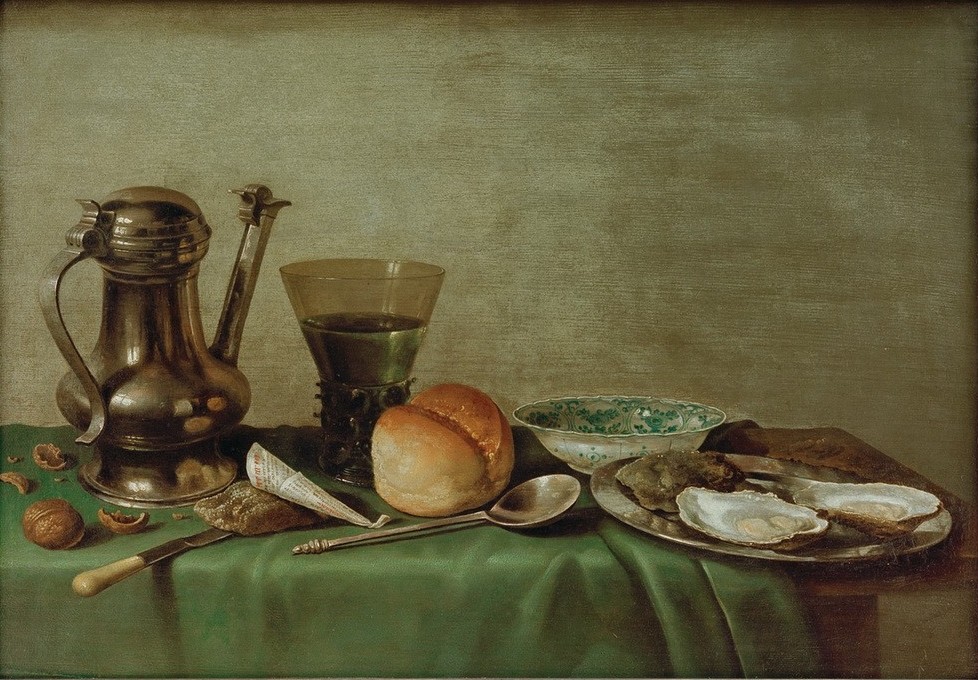Willem Claeszoon Heda, Frühstücksstilleben (Essgeschirr,Glas,Kanne,Kunst,Verpackung,Barock,Nahrungsmittel,Frühstück,Stillleben,Auster,Teller,Niederländische Kunst,Wohlstand,Holländische Kunst,Brötchen,Zinnkrug,Gedeckter Tisch,Gewürz,Löffel,Tüte,Trinkgeschirr,Westeuropäische Kunst,Zwischenmahlzeit,I)