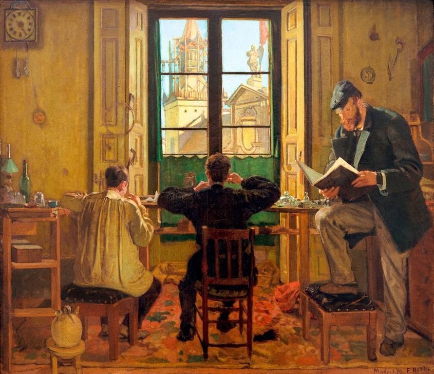 Ferdinand Hodler, Uhrmacherwerkstätte in Madrid (Arbeit,Uhrmacher,Uhr,Werkstatt (Allgemein),Interieur,Schweizerische Kunst,Uhrmacherei)