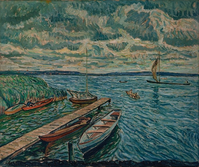 Theo von Brockhusen, Kähne auf dem Schwielowsee (Deutsche Kunst,Kahn,Landschaft,Impressionismus,See,Bootssteg)