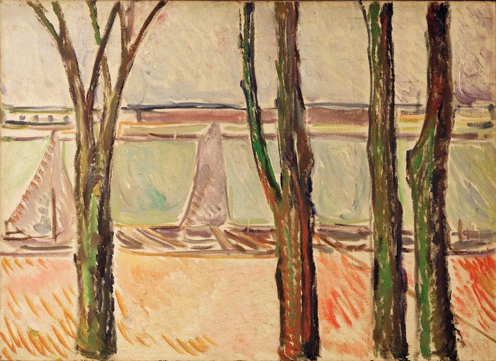 Edvard Munch, Kanal in Warnemünde (Kanal,Landschaft,Segelschiff,Baum,Expressionismus,Norwegische Kunst)