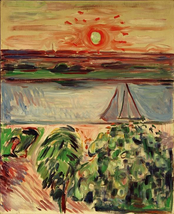 Edvard Munch, Kanallandschaft bei Sonnenuntergang, Warnemünde (Kanal,Landschaft,Sonnenuntergang,Sonne,Segelboot,Baum,Expressionismus,Norwegische Kunst)