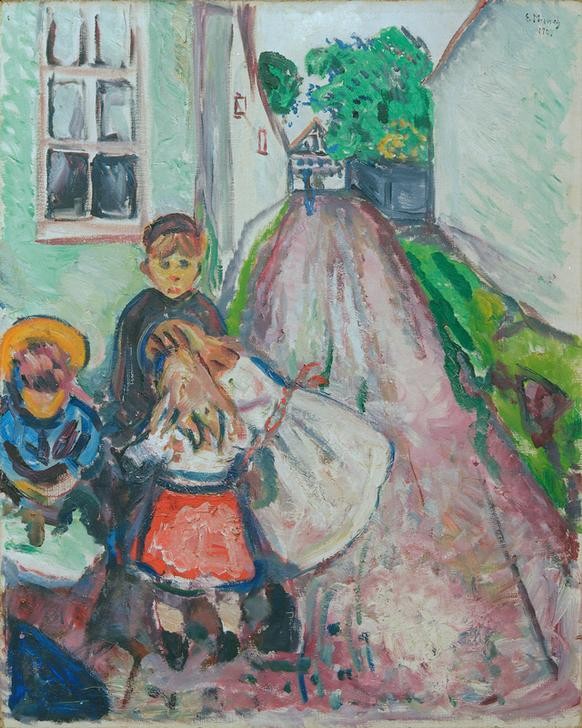 Edvard Munch, Kinder auf der Straße, Warnemünde (Kinderspiel,Kind,Mensch,Strasse (Allgemein),Strassenszene,Szene,Expressionismus,Norwegische Kunst,Kinderleben)