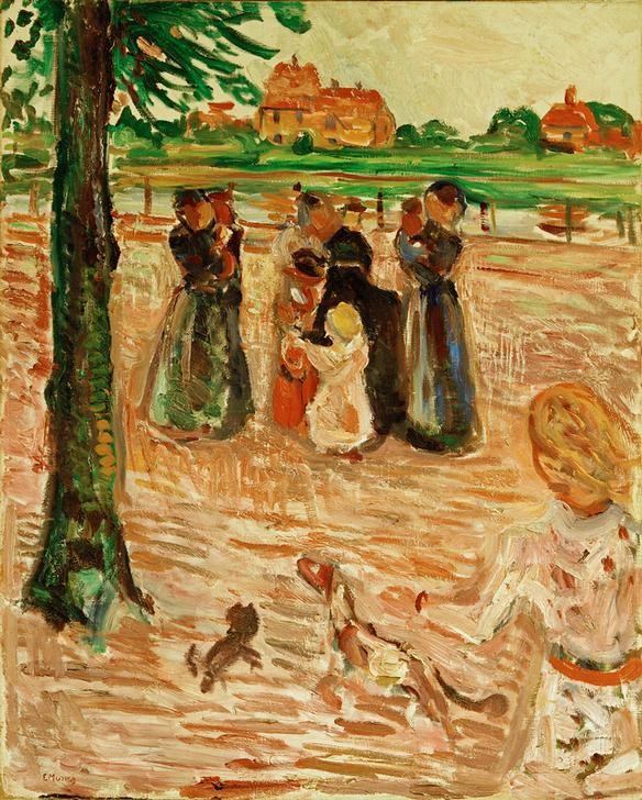 Edvard Munch, Frauen und Kinder in Warnemünde (Frau,Kind,Freizeit,Spaziergang,Expressionismus,Mutter,Reise,Norwegische Kunst,Arbeiterfrau)