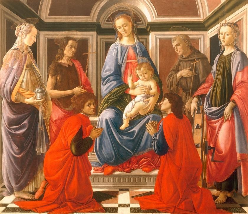 Sandro Botticelli, Thronende Madonna mit dem Kinde und (Christentum,Heilige,Religion,Altar,Renaissance,Maria Mit Kind,Sacra Conversazione,Bibel,Italienische Kunst,Thron,Jesusknabe,Frührenaissance)